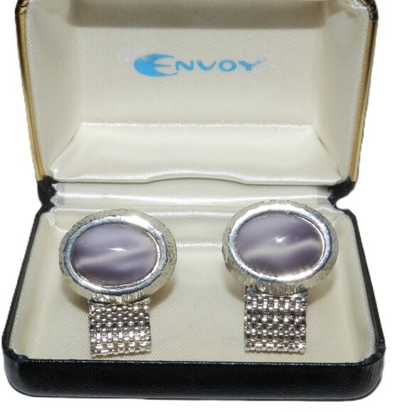 Vintage Envoy Blue Stone Cufflinks With Box Mens Jewelry Accessory - Picture 5 of 10